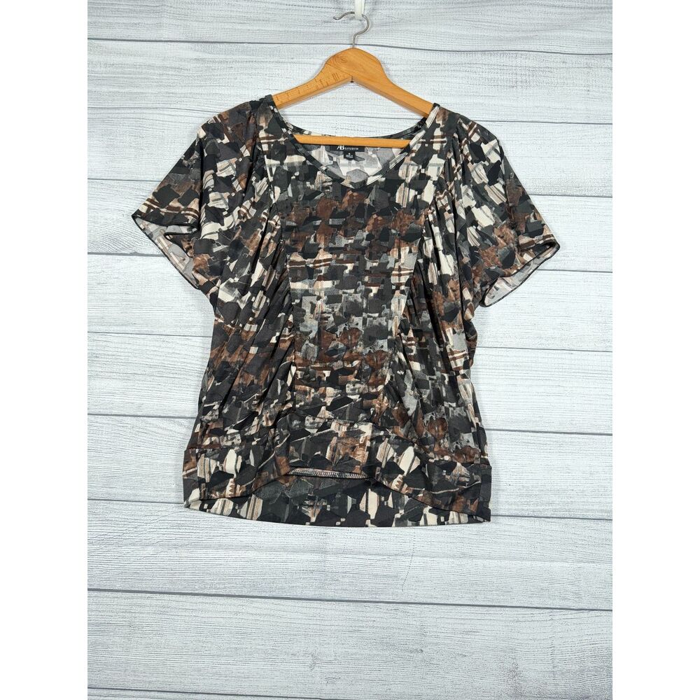 AB Studio Womens S Brown Black Abstract Stretch Short Sleeve Tunic Top 4167